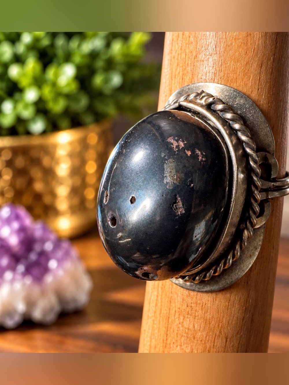 Hematite Statement Ring Adjustable Size 7 to 12